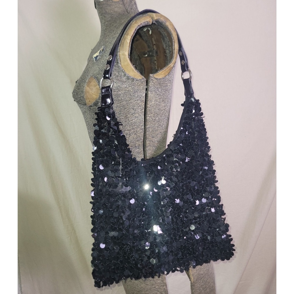 Vintage 90s Y2K Black‎ Sequin Shoulder Bag Going Out Party Shimmery Beaded